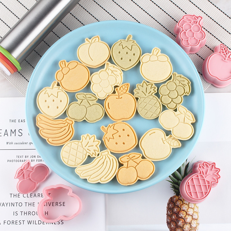6 τεμ/σετ Πλαστική φόρμα σφραγίδας μπισκότων Χαριτωμένος κόφτης μπισκότων φρούτων 3D Φόρμες για μπισκότα Εργαλεία ψησίματος Party Sugar Crafts Mold Εργαλεία κουζίνας
