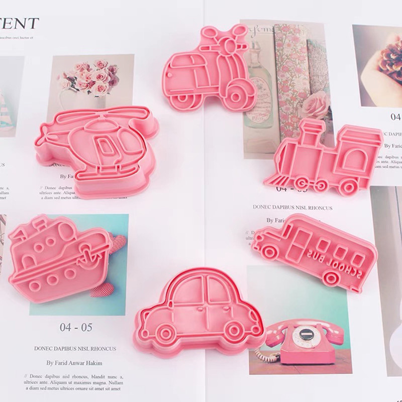 6 bucăți 3D mașină avion tăietor de biscuiți matriță pentru biscuiți tren vehicul transport pentru coacere ștampila presă sugarcraft tăietor prăjituri fondant