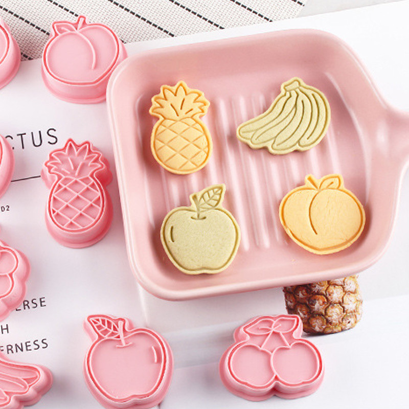 8 tk joonisfilmi puuviljaküpsise reljeefvorm 3D glasuuriga plastmassist küpsisepressi vorm maasika virsiku küpsiselõikuri koogivorm