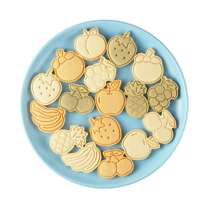 8 tk joonisfilmi puuviljaküpsise reljeefvorm 3D glasuuriga plastmassist küpsisepressi vorm maasika virsiku küpsiselõikuri koogivorm