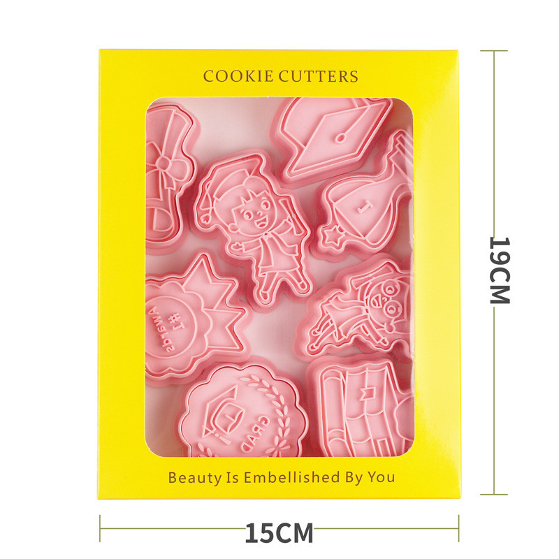 8 tk/komplekt Õnnitlused Lõpetamine Küpsiselõikur küpsisevorm 3D Press Plastikust küpsisevorm Fondant Küpsetustööriist Küpsiste kaunistamiseks