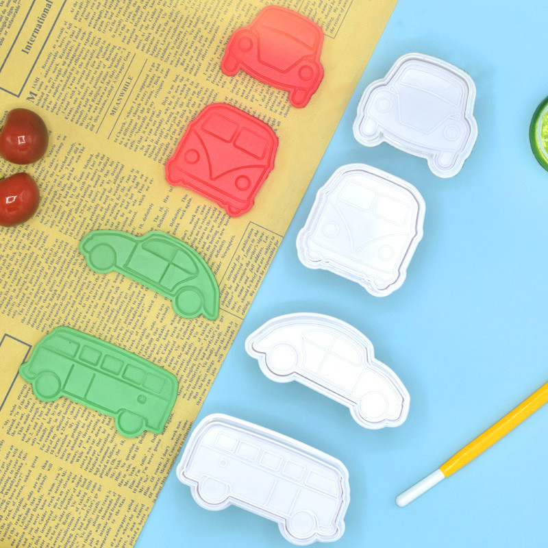 4 ΤΕΜ. Car Cookie Cutter Vehicle Plunger Cutters Φοντάν Διακοσμήσεις τούρτας με ανάγλυφο μπισκότο Φόρμα για μπισκότο παιδικού πάρτι γενεθλίων