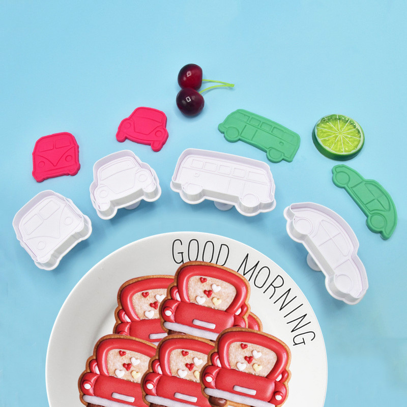 4 ΤΕΜ. Car Cookie Cutter Vehicle Plunger Cutters Φοντάν Διακοσμήσεις τούρτας με ανάγλυφο μπισκότο Φόρμα για μπισκότο παιδικού πάρτι γενεθλίων