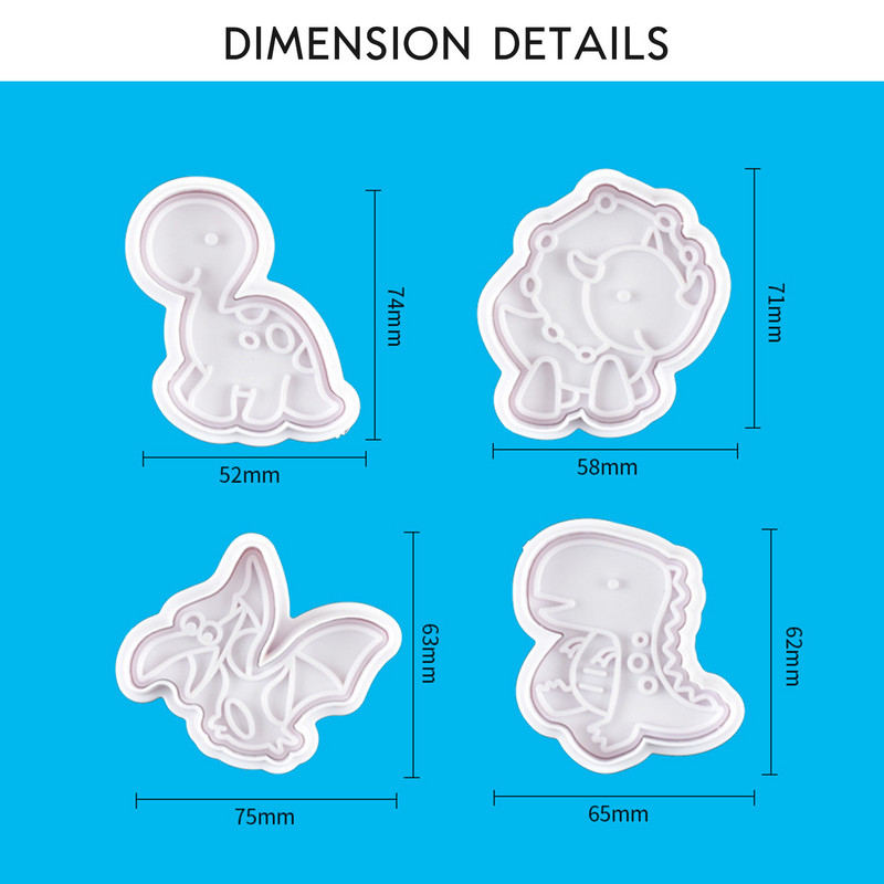 4 τμχ Σετ εργαλείων μπισκότων Τρισδιάστατοι κόφτες μπισκότων δεινοσαύρων με ανάγλυφη φόρμα μπισκότων δεινοσαύρων Sugarcraft Καλούπια ψησίματος Εργαλεία διακόσμησης κέικ