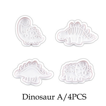 4PCS Форма за изрязване на бисквитки с динозаври Форма за щамповане на бисквити с динозаври Захарни занаяти Силиконова форма за печене на десерти за шоколадов сапун