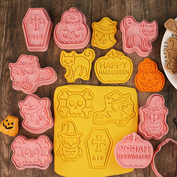 8 бр./компл. Формички за бисквитки за Хелоуин Пластмасови 3D анимационни форми за бисквити Печат за бисквитки Кухня за печене на сладкиши Направи си сам инструмент за печене