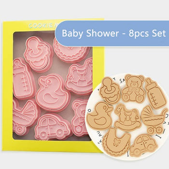 8 τμχ Σετ μπισκότων ντουζιέρας για μπισκότα Duck Bear Φόρμα μπισκότων Πλαστική σφραγίδα μπισκότων Baby Shower Party Εργαλείο αξεσουάρ ψησίματος κουζίνας