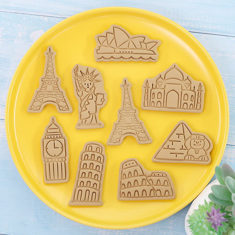 8 бр./компл. Карикатура Пътуване Ориентир Бисквитена форма Пластмасова форма за бисквитки Домакински фондан Инструменти за печене Направи си сам Инструменти за декориране на кухня