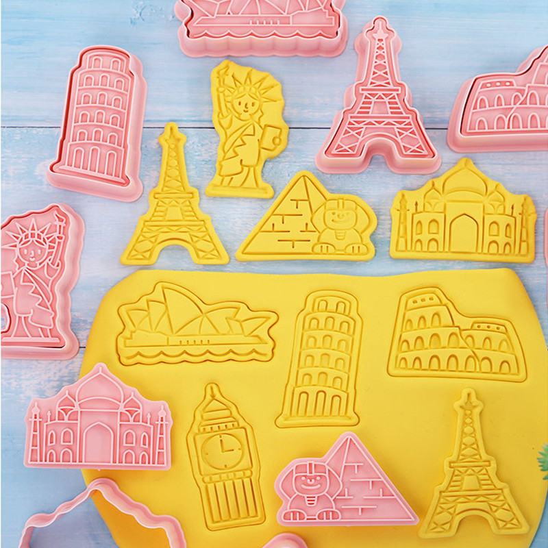 8 бр./компл. Карикатура Пътуване Ориентир Бисквитена форма Пластмасова форма за бисквитки Домакински фондан Инструменти за печене Направи си сам Инструменти за декориране на кухня