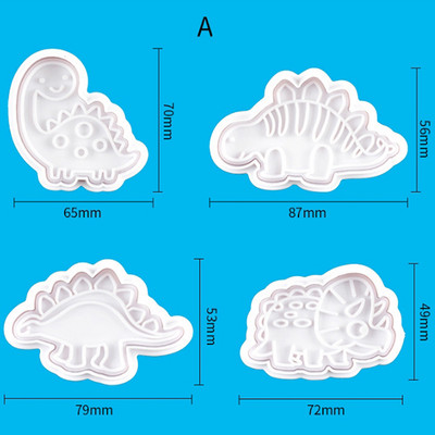 4 τμχ Dinosaur Cookie Plunger Cutter Γελοιογραφία Καλούπια ψησίματος Σφραγίδα σοκολατάκια φόρμα μπισκότων Ζώο σχήμα κέικ κουζίνας Εργαλεία ψησίματος