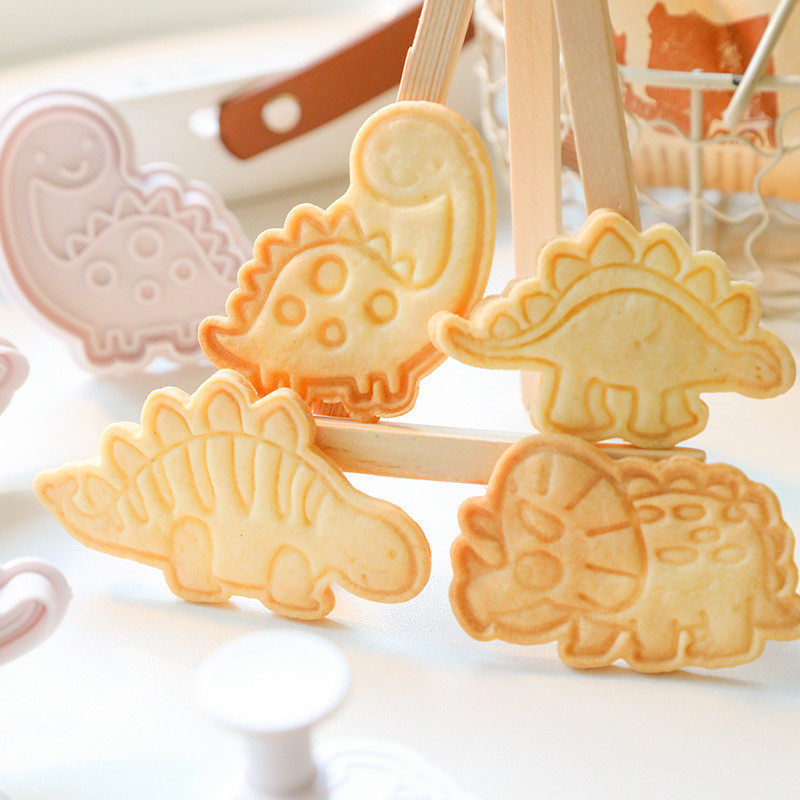 4 τμχ Dinosaur Cookie Plunger Cutter Γελοιογραφία Καλούπια ψησίματος Σφραγίδα σοκολατάκια φόρμα μπισκότων Ζώο σχήμα κέικ κουζίνας Εργαλεία ψησίματος