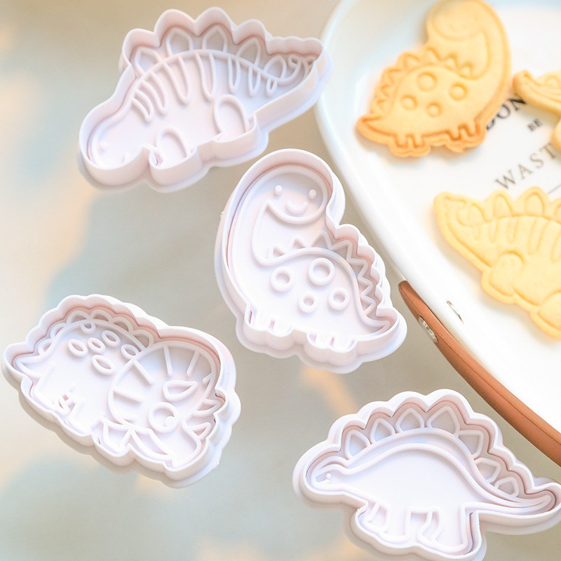 4 τμχ Dinosaur Cookie Plunger Cutter Γελοιογραφία Καλούπια ψησίματος Σφραγίδα σοκολατάκια φόρμα μπισκότων Ζώο σχήμα κέικ κουζίνας Εργαλεία ψησίματος