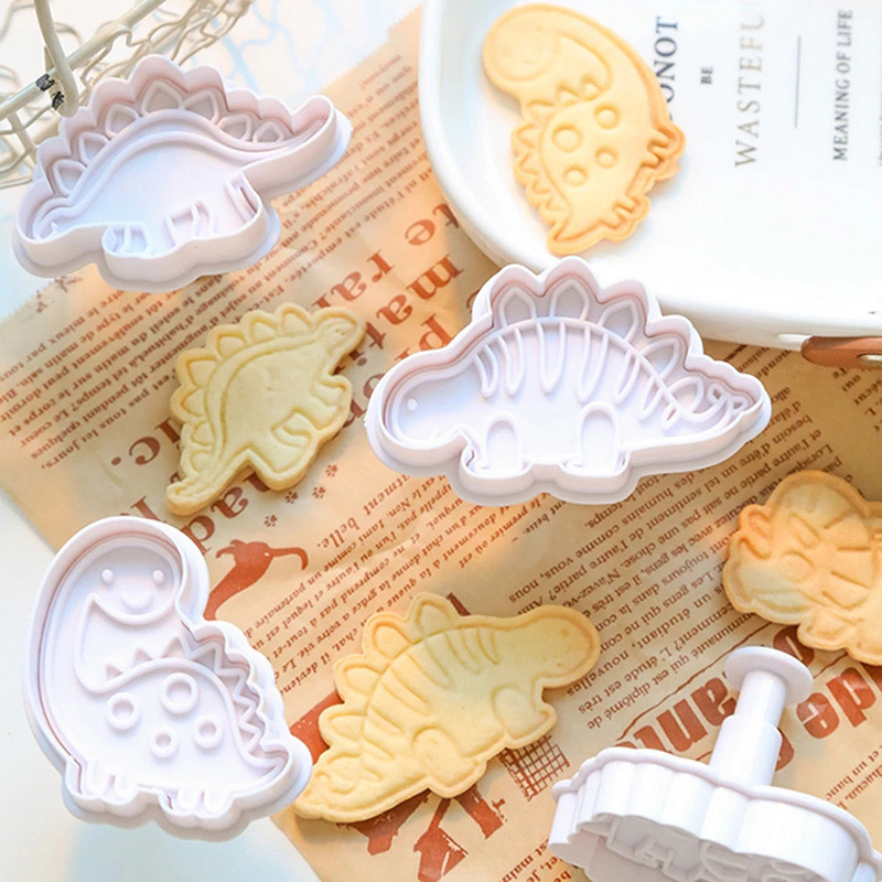 4 τμχ Dinosaur Cookie Plunger Cutter Γελοιογραφία Καλούπια ψησίματος Σφραγίδα σοκολατάκια φόρμα μπισκότων Ζώο σχήμα κέικ κουζίνας Εργαλεία ψησίματος