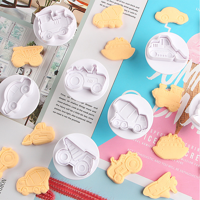 4 buc/set 3D matriță de biscuiți, avion, mașină, vehicule de inginerie, tăietoare de prăjituri, fondant, patiserie, ciocolată, ciocolată, unelte de coacere pentru prăjituri