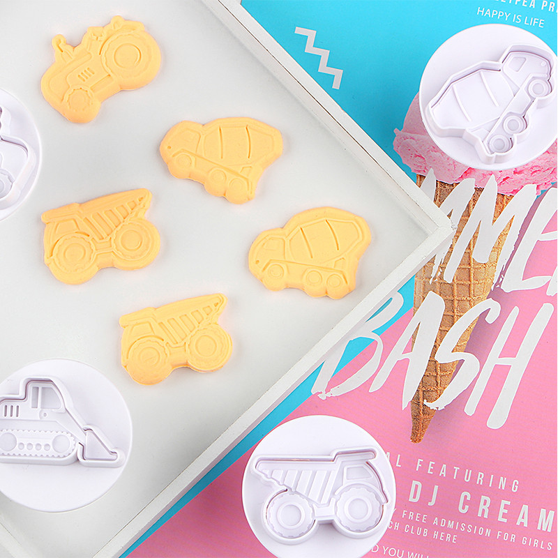 4 buc/set 3D matriță de biscuiți, avion, mașină, vehicule de inginerie, tăietoare de prăjituri, fondant, patiserie, ciocolată, ciocolată, unelte de coacere pentru prăjituri