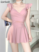 Piesegtas sievietes kvadrātveida apkakles rūdījums rozā, salds pludmales apģērbs, vienkārši vasaras volāni korejiešu modes apģērbi ar augstu jostasvietu brīvdienas