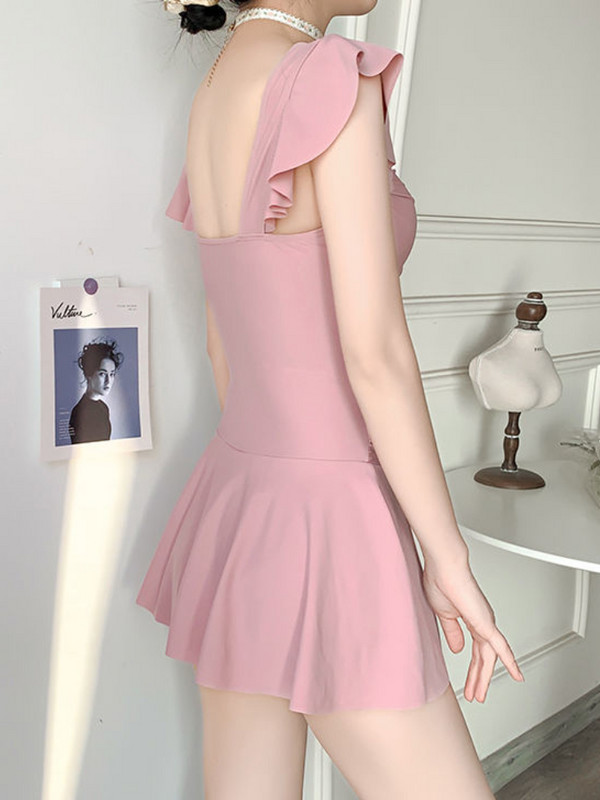 Piesegtas sievietes kvadrātveida apkakles rūdījums rozā, salds pludmales apģērbs, vienkārši vasaras volāni korejiešu modes apģērbi ar augstu jostasvietu brīvdienas