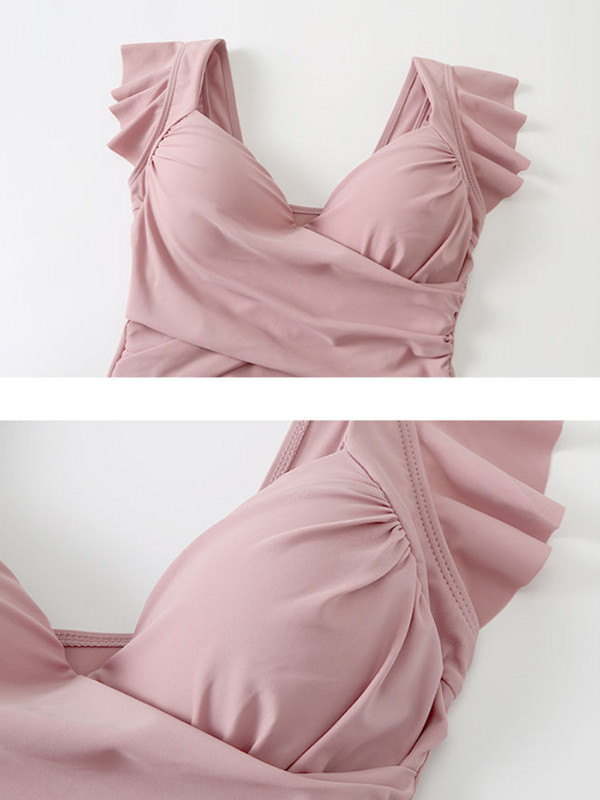 Piesegtas sievietes kvadrātveida apkakles rūdījums rozā, salds pludmales apģērbs, vienkārši vasaras volāni korejiešu modes apģērbi ar augstu jostasvietu brīvdienas