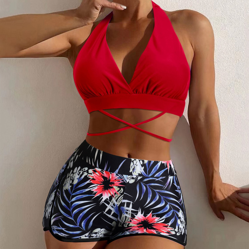 Naiste kaheosalised bikiiniülikond rihmadega ümber selja ja kaela ning ujumistrikoo naiste ujumiskostüümid kaheosalised lühikesed püksid