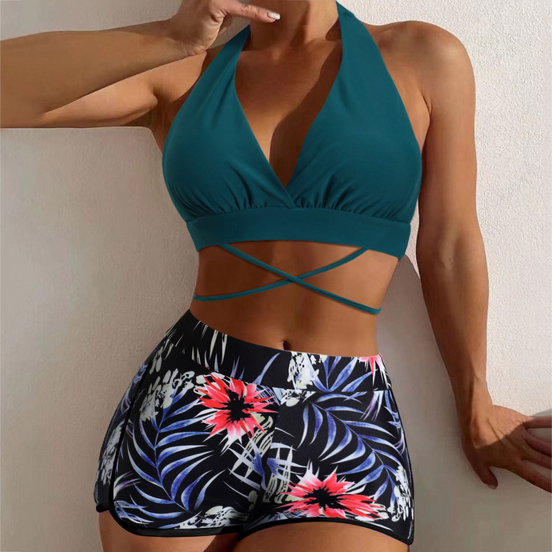 Naiste kaheosalised bikiiniülikond rihmadega ümber selja ja kaela ning ujumistrikoo naiste ujumiskostüümid kaheosalised lühikesed püksid