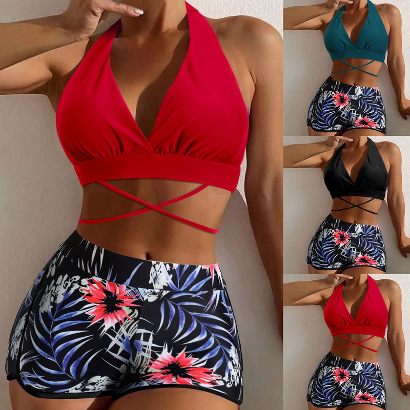 Naiste kaheosalised bikiiniülikond rihmadega ümber selja ja kaela ning ujumistrikoo naiste ujumiskostüümid kaheosalised lühikesed püksid