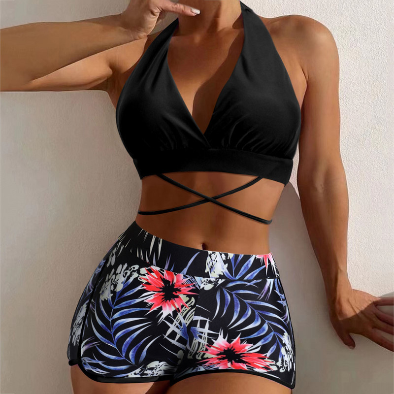 Naiste kaheosalised bikiiniülikond rihmadega ümber selja ja kaela ning ujumistrikoo naiste ujumiskostüümid kaheosalised lühikesed püksid