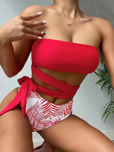 2023 Μπαντό μπικίνι γυναικείο τριγωνικό μαγιό Ψηλόμεσο γυναικείο μαγιό λουτρό με στάμπα με φύλλα