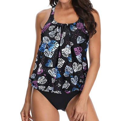 Costum de baie fără mâneci cu decolteu rotund, imprimeu solid, despicat, costum de baie în două piese, set bikini, costum de baie solid, cu pantaloni scurți costum de baie