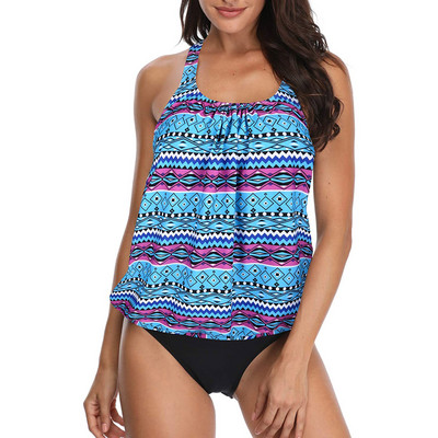 Costum de baie fără mâneci cu decolteu rotund, imprimeu solid, despicat, costum de baie în două piese, set bikini, costum de baie solid, cu pantaloni scurți costum de baie