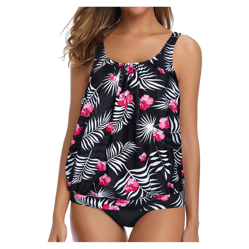 Costum de baie fără mâneci cu decolteu rotund, imprimeu solid, despicat, costum de baie în două piese, set bikini, costum de baie solid, cu pantaloni scurți costum de baie