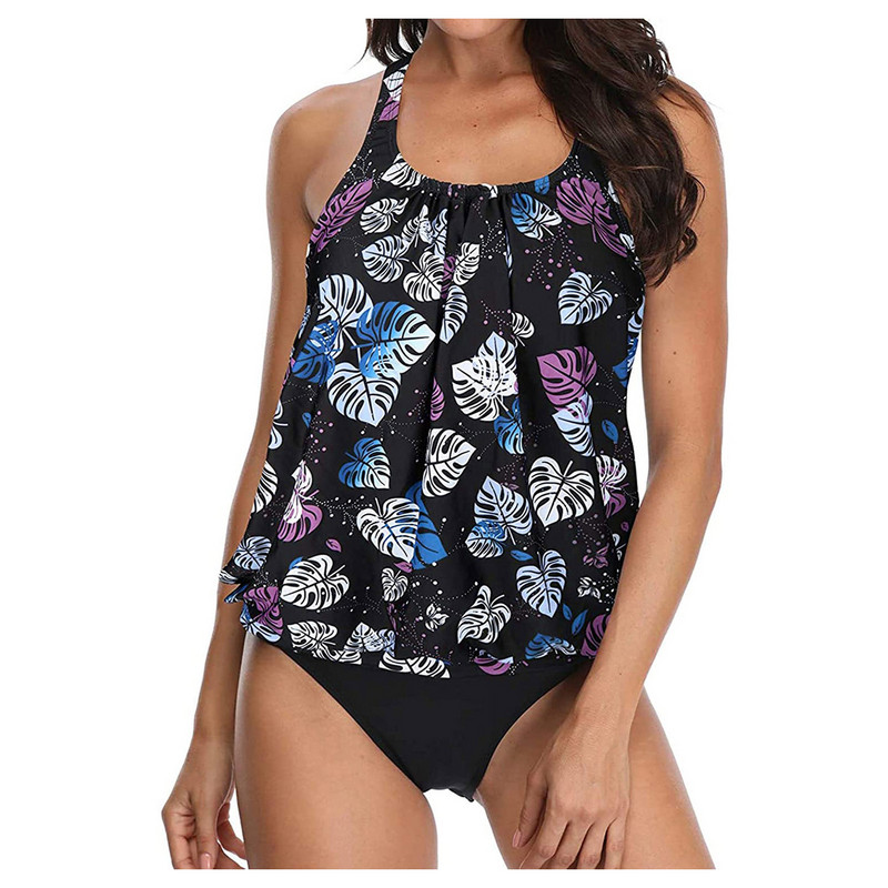 Costum de baie fără mâneci cu decolteu rotund, imprimeu solid, despicat, costum de baie în două piese, set bikini, costum de baie solid, cu pantaloni scurți costum de baie
