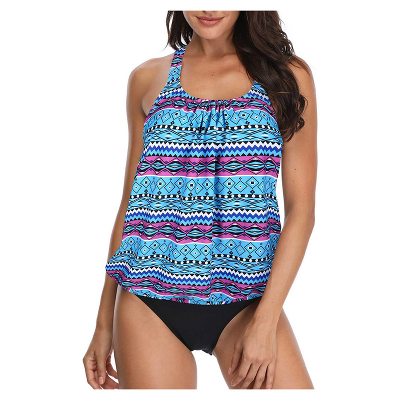 Costum de baie fără mâneci cu decolteu rotund, imprimeu solid, despicat, costum de baie în două piese, set bikini, costum de baie solid, cu pantaloni scurți costum de baie