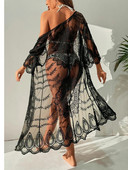 Cardigan din dantelă pentru femei Bikini de acoperire Croșetat cu flori de plajă transparentă, lungă, deschisă în față, kimono, costum de baie, haine de protecție solară
