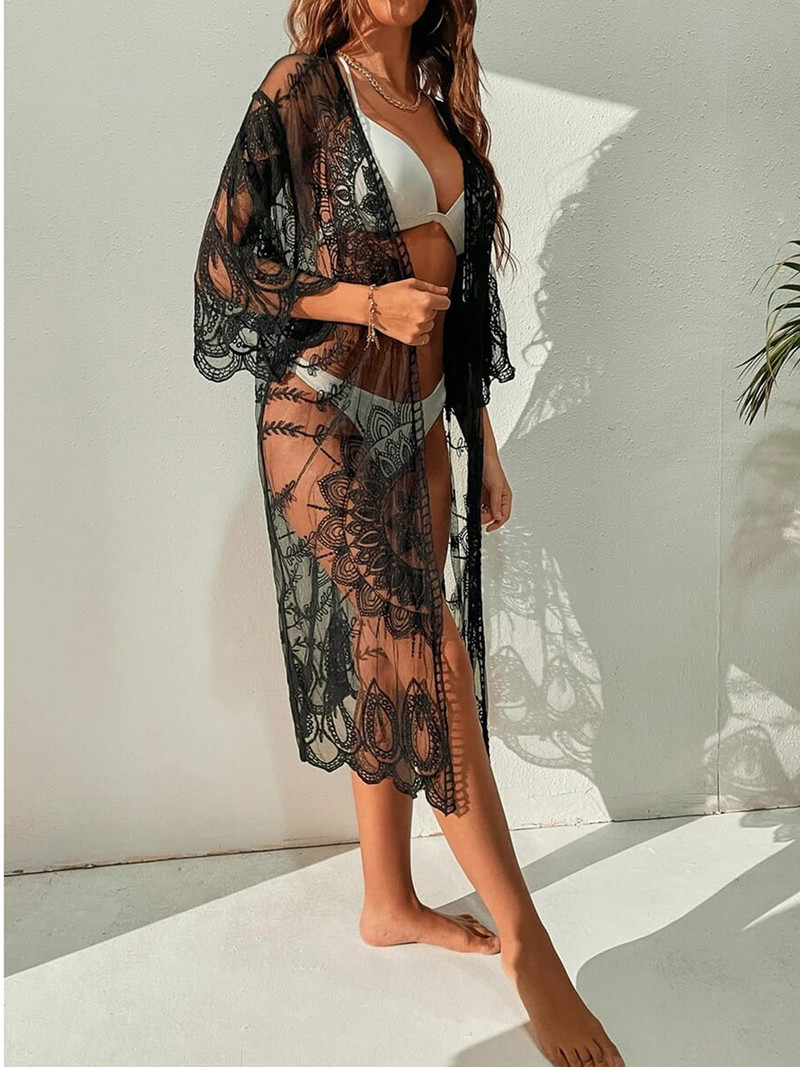 Cardigan din dantelă pentru femei Bikini de acoperire Croșetat cu flori de plajă transparentă, lungă, deschisă în față, kimono, costum de baie, haine de protecție solară