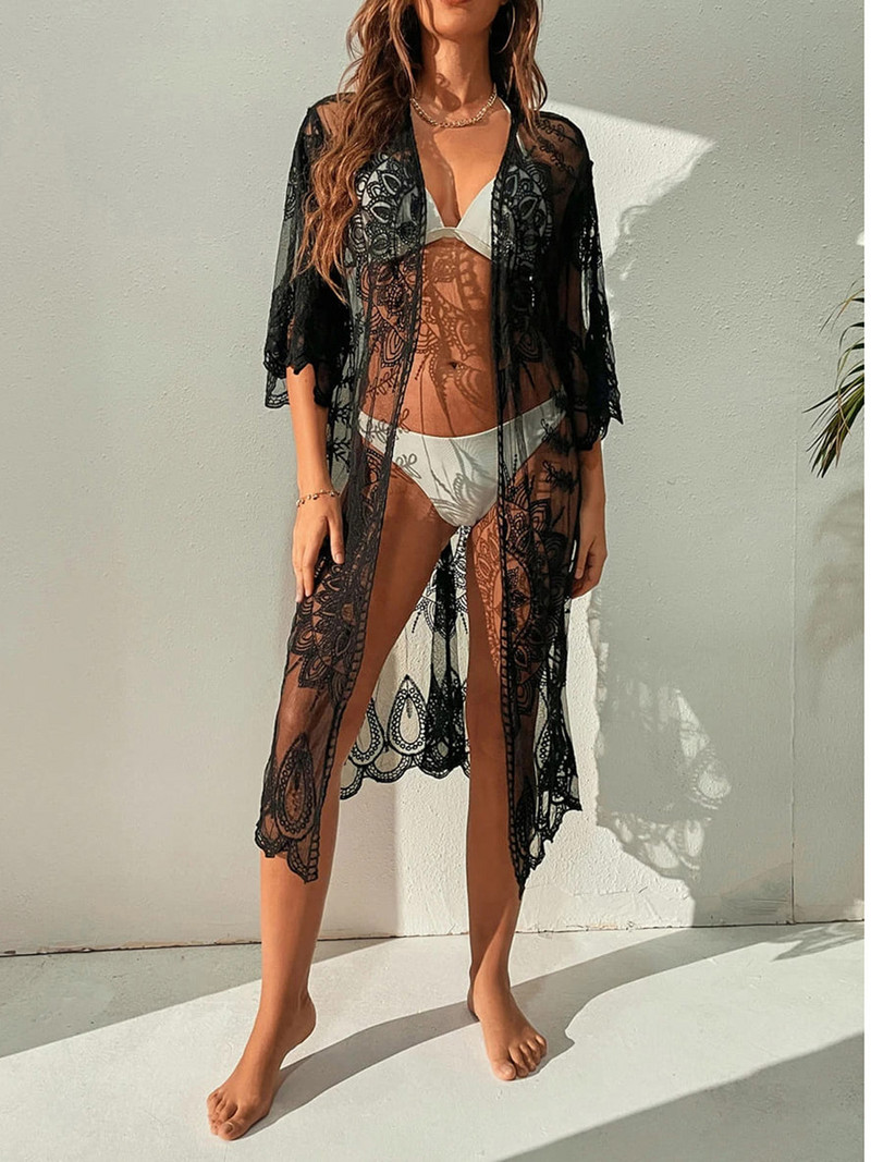 Cardigan din dantelă pentru femei Bikini de acoperire Croșetat cu flori de plajă transparentă, lungă, deschisă în față, kimono, costum de baie, haine de protecție solară