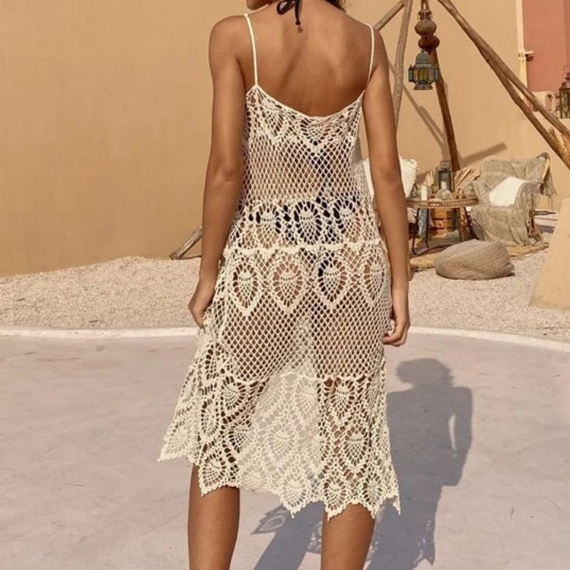 Croșetat alb tunică Bikini Cover-up Sexy scobit-o rochie de plasă cu franjuri Femei Summer Beach Wear Costum de baie Cover Up Femeie