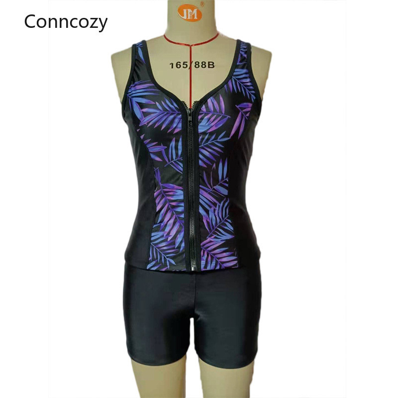Peldkostīma priekšējais rāvējslēdzējs Camisole Velosipēdu šorti Divdaļīgi Tankini Print Peldkostīms Peldkostīms Sieviešu Bikini Komplekts Peldkostīmi Sieviešu