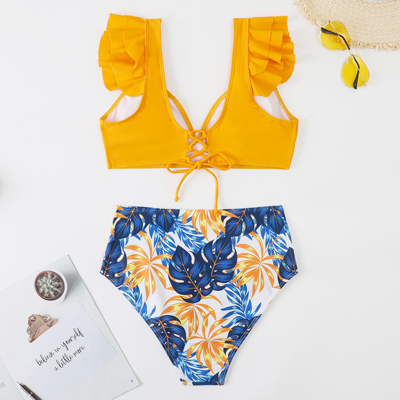 Set de bikini cu tiv cu volante florale, pentru femei, cu decolteu în V, cu talie înaltă, costum de baie în două piese, 2022, pentru fată, pentru plajă, costum de baie, biquinis