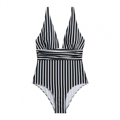 Naiste Monokini Triibuline Print Kontrastvärv Sügav V kaelaga kõhn ujumiskostüüm Suvepuhkus rannas ujumisriided Veespordiriided