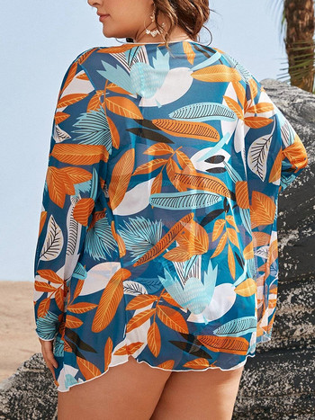 Tropical 3 Pieces Plus Size Ψηλόμεσο Μπικίνι Μεγάλο Μέγεθος Μακρύ μανίκι Cover Ups Μαγιό 4XL 2022 Μεγάλο μέγεθος Push Up Μαγιό