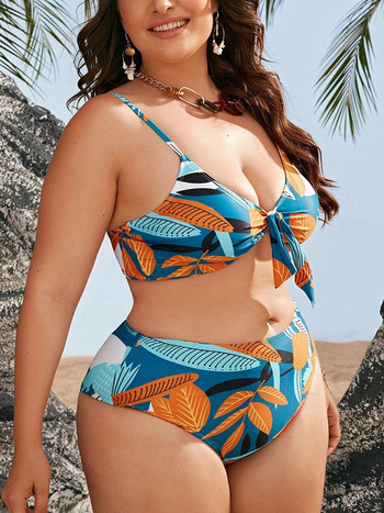 Tropical 3 Pieces Plus Size Ψηλόμεσο Μπικίνι Μεγάλο Μέγεθος Μακρύ μανίκι Cover Ups Μαγιό 4XL 2022 Μεγάλο μέγεθος Push Up Μαγιό