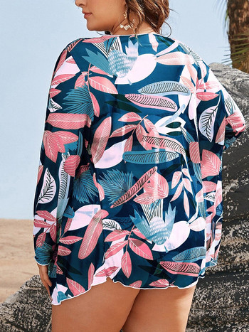 Tropical 3 Pieces Plus Size Ψηλόμεσο Μπικίνι Μεγάλο Μέγεθος Μακρύ μανίκι Cover Ups Μαγιό 4XL 2022 Μεγάλο μέγεθος Push Up Μαγιό