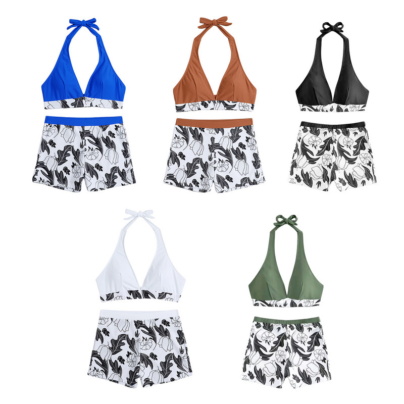 Set de costume de baie pentru femei, cu imprimeu cu frunze, sutien fără mâneci și pantaloni scurți elastici, costum de baie