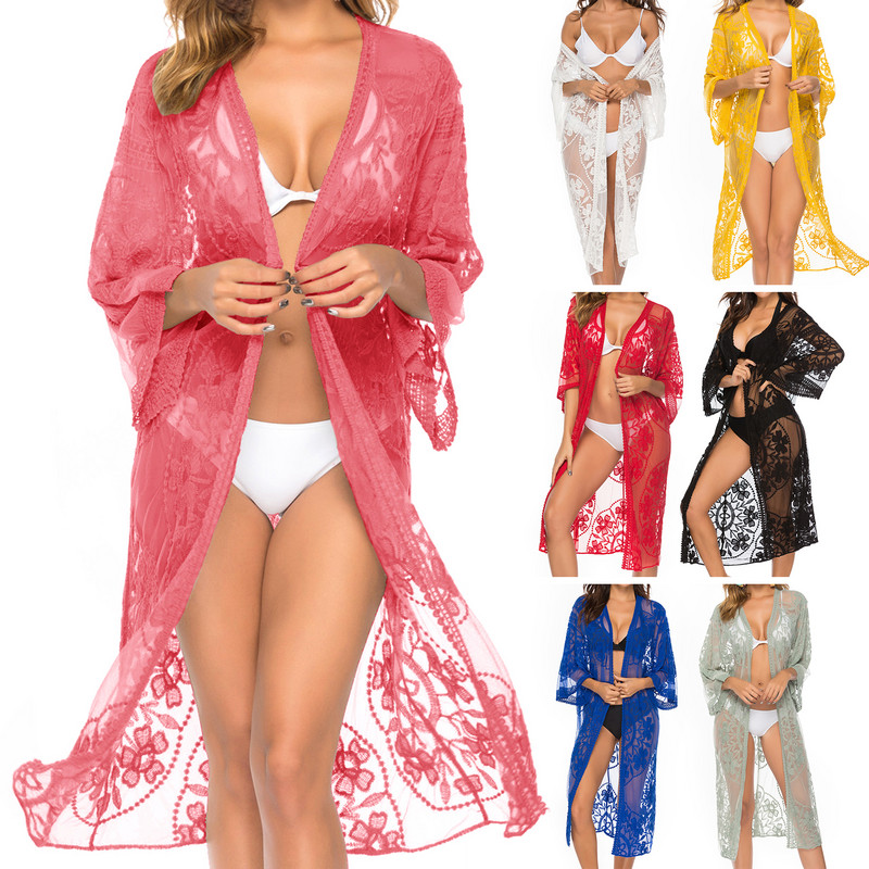 Χαλαρή κάλυψη μπικίνι Γυναικεία σέξι κούφια φλοράλ δαντέλα Ζακέτα μαγιό Γυναικείο αντηλιακό φόρεμα παραλίας ляжное гардероба