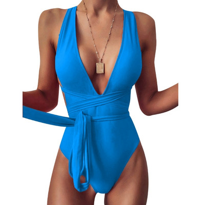 Ženski jednodijelni kupaći kostim, modni kupaći kostim s dubokim V-izrezom, jednobojni kupaći kostim na vezanje, seksi bikini s križnim leđima za Water-Park 24BD