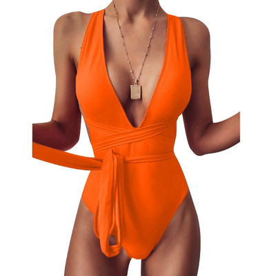 Ženski jednodijelni kupaći kostim, modni kupaći kostim s dubokim V-izrezom, jednobojni kupaći kostim na vezanje, seksi bikini s križnim leđima za Water-Park 24BD