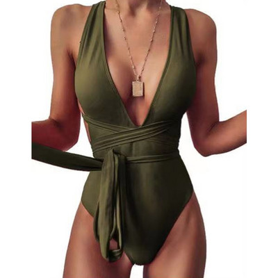Ženski jednodijelni kupaći kostim, modni kupaći kostim s dubokim V-izrezom, jednobojni kupaći kostim na vezanje, seksi bikini s križnim leđima za Water-Park 24BD