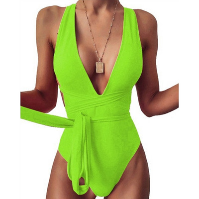 Ženski jednodijelni kupaći kostim, modni kupaći kostim s dubokim V-izrezom, jednobojni kupaći kostim na vezanje, seksi bikini s križnim leđima za Water-Park 24BD