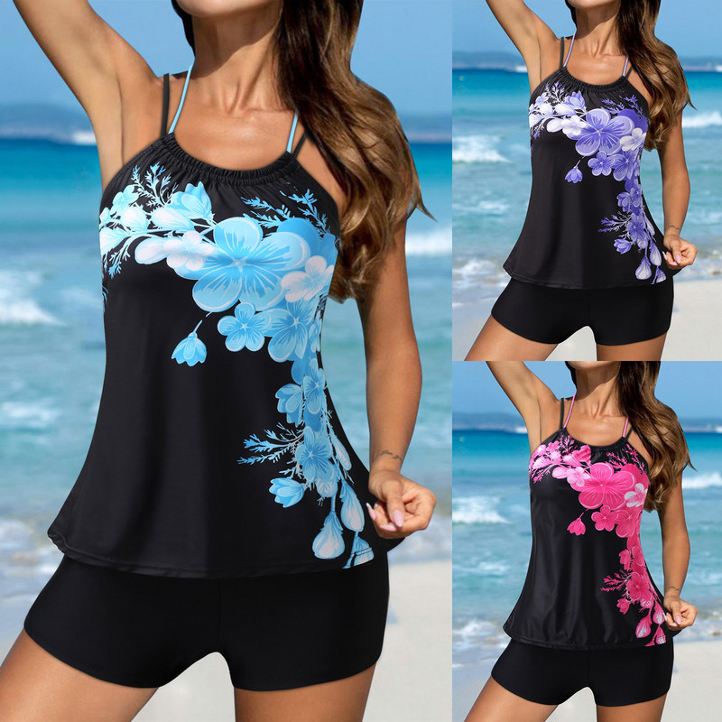 Bikini sieviešu kaklasaites krāsas siksna ar apdruku ciāna uzvalka apdruka Bikini, sadalīta regulējami pludmales peldkostīmi Tankini komplekts Maillot De Bain Femme