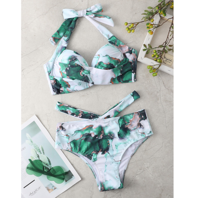 Naiste seksikad bikiinid, 2023. aasta suvised ujumisriided, kaheosalised ujumisriided Push Up, naiste päitsetega, rihveldatud, kõrge vöökohaga ujumiskostüüm